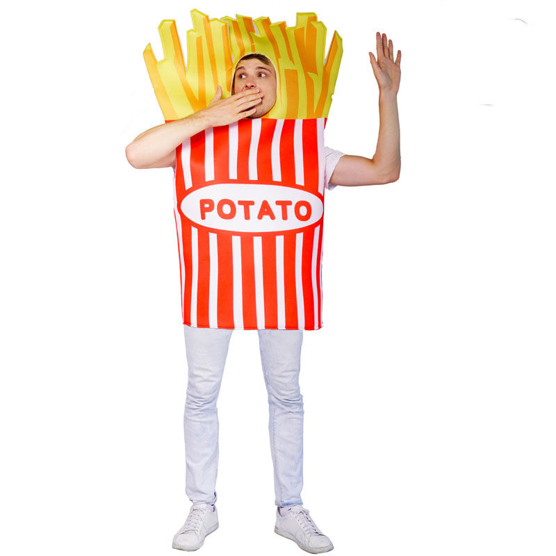 Adult French fries costume: a red and white striped fries box with golden fries on top