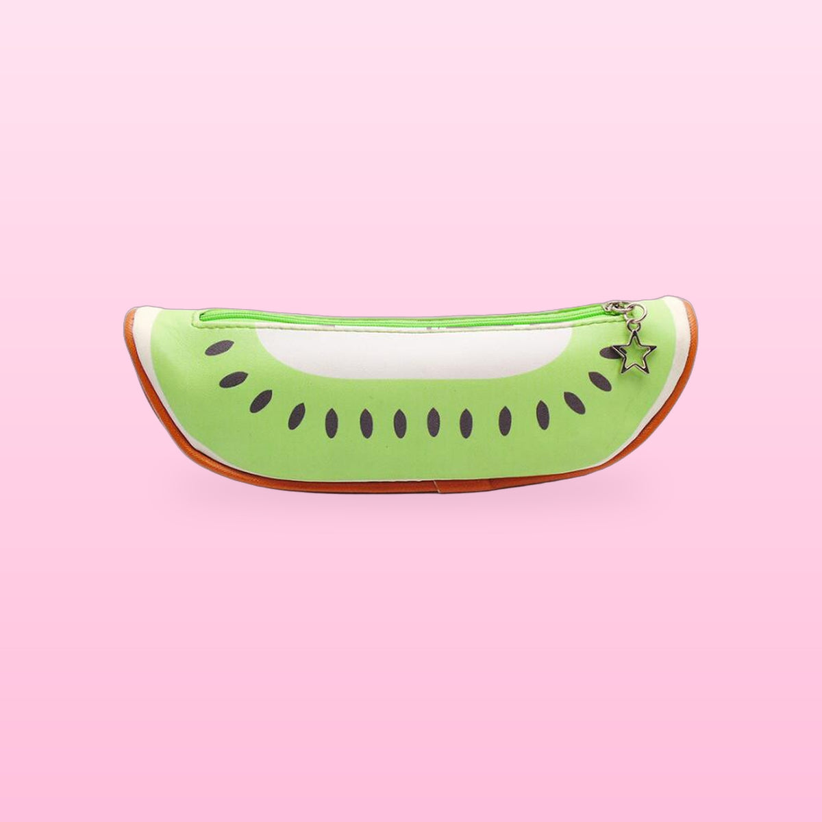 Green kiwi slice pencil case with a star zip charm, on a pale pink background