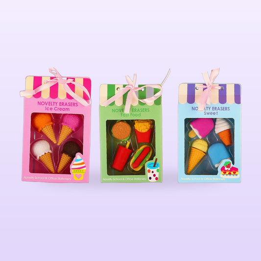 Ice cream, fast food and sweet treats eraser boxes side by side, on a lilac background