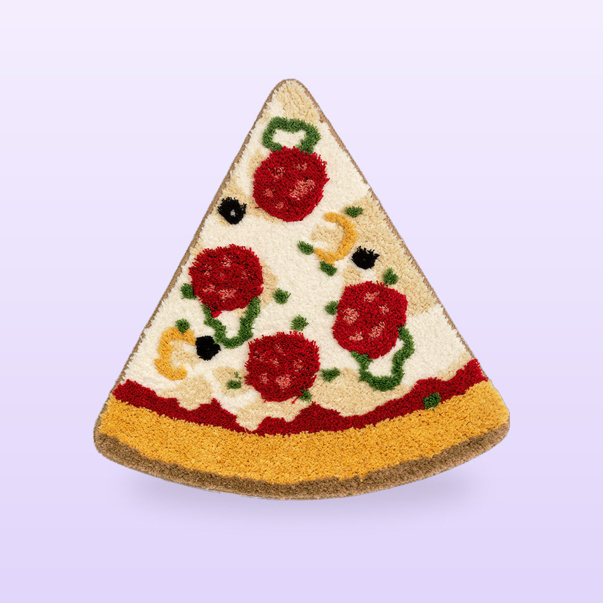 Salami pizza slice plush rug with red toppings and a golden crust, on a lilac background