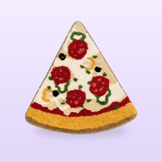 Salami pizza slice plush rug with red toppings and a golden crust, on a lilac background
