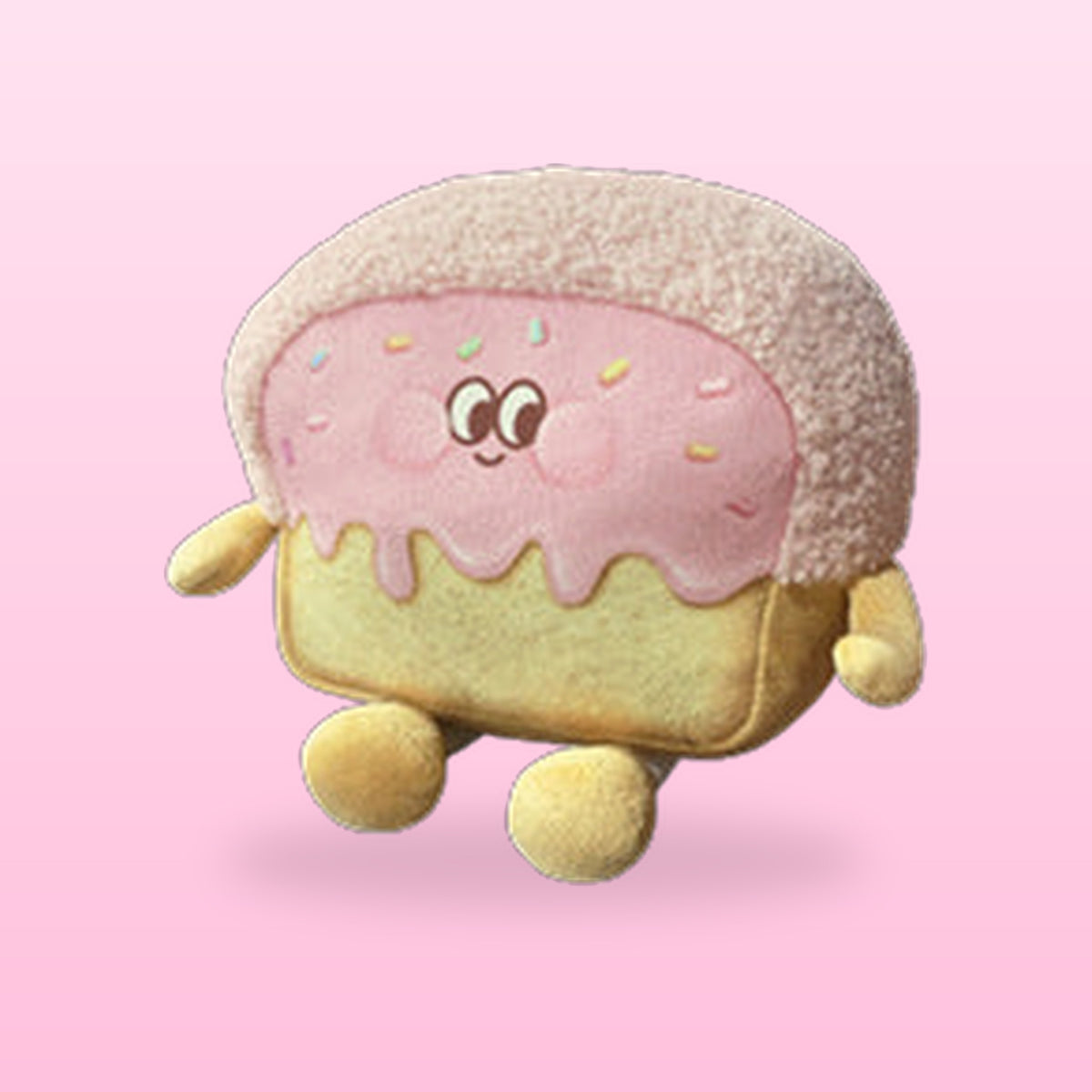 Strawberry iced toast plush pillow with pink icing and little legs, on a pink background