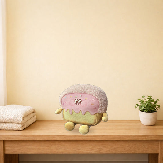Strawberry iced toast plush pillow sitting on a light oak bench