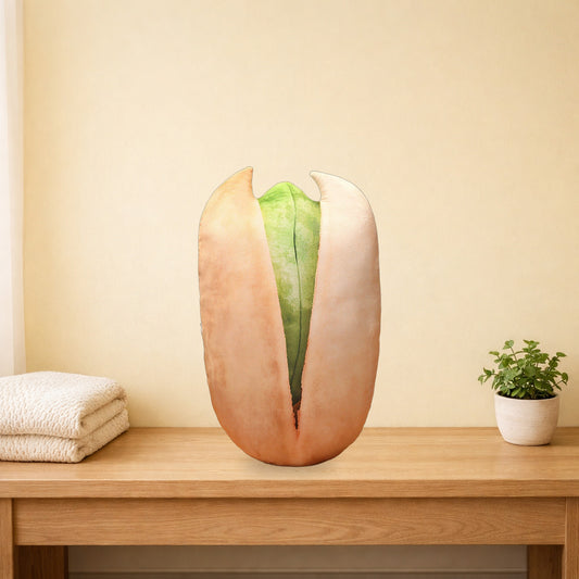 Pistachio nut pillow standing on a light oak bench