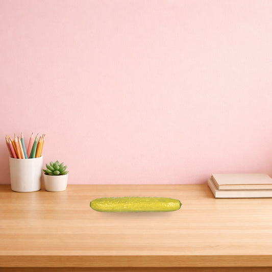 Olive green pickle squishy lying on a light oak desk beside a pot of pencils and a succulent