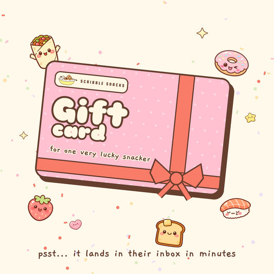 Gift card illustrated as a pink wrapped gift with a red ribbon, surrounded by little snacks