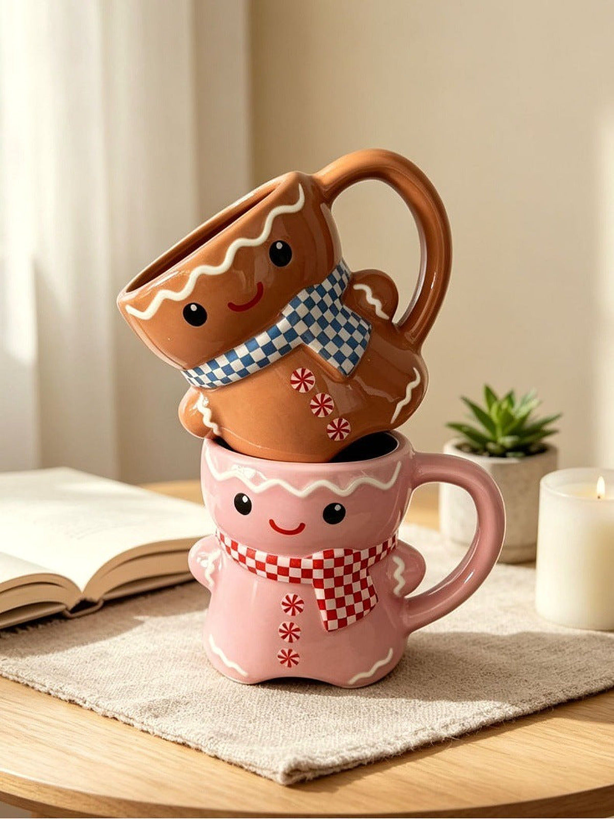 Two stacked gingerbread man mugs on a linen cloth beside an open book and a candle