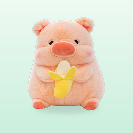 Pink pig plush toy hugging a peeled banana, on a mint background
