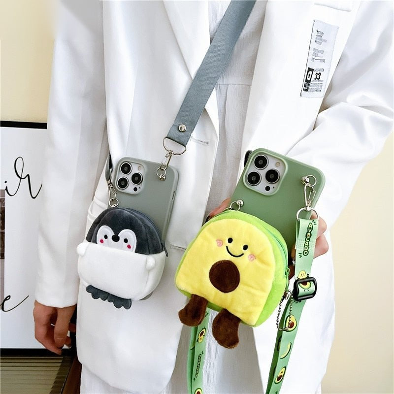 Guacamole Grip avocado plush coin purse iPhone case with crossbody lanyard