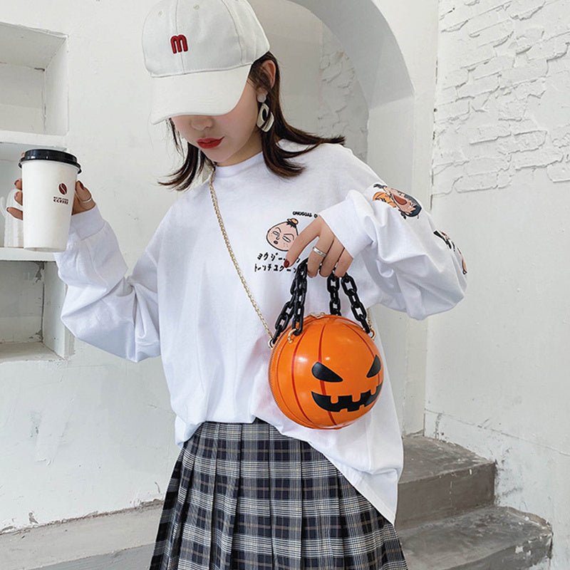 Halloween Cartoon Pumpkin Ball Handbags With Chain Personality Creative Funny Shoulder Bags For Kids Women - 4 - Scribble Snacks