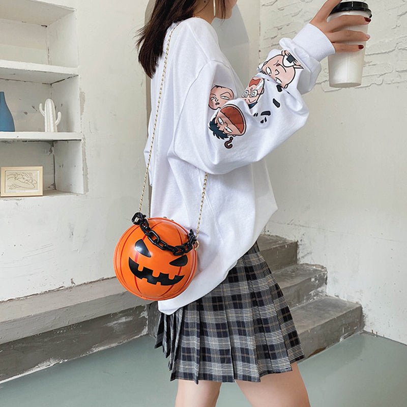 Halloween Cartoon Pumpkin Ball Handbags With Chain Personality Creative Funny Shoulder Bags For Kids Women - 4 - Scribble Snacks