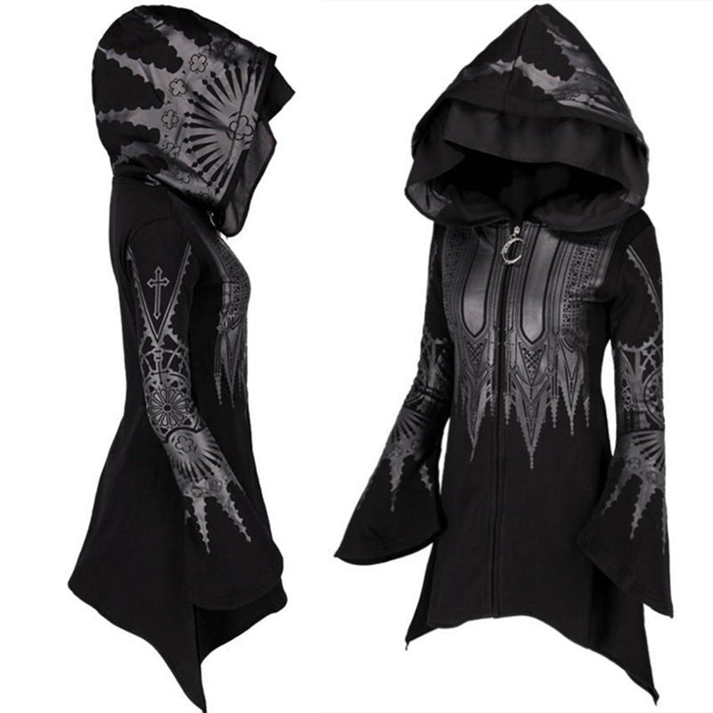 Halloween Cosplay Hoodie Women's Punk Black Long Hooded Printed Sweater - 0 - Scribble Snacks