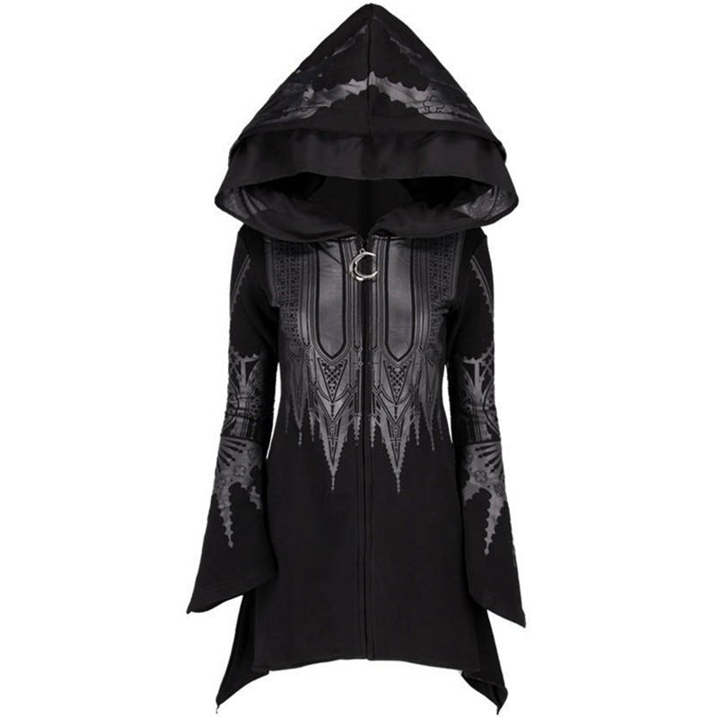 Halloween Cosplay Hoodie Women's Punk Black Long Hooded Printed Sweater - 0 - Scribble Snacks