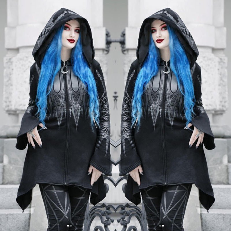 Halloween Cosplay Hoodie Women's Punk Black Long Hooded Printed Sweater - 0 - Scribble Snacks