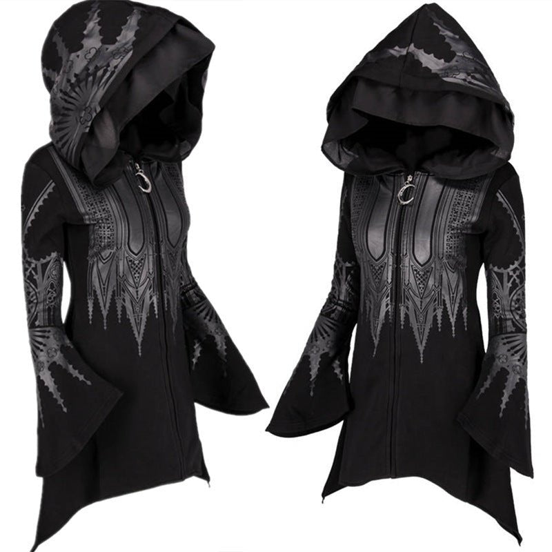 Halloween Cosplay Hoodie Women's Punk Black Long Hooded Printed Sweater - 0 - Scribble Snacks