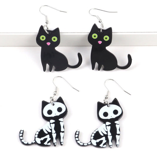 Halloween Cute Black And White Cat Cute Pet And Animal Earrings Personality Style Acrylic Printed Earrings - 0 - Scribble Snacks