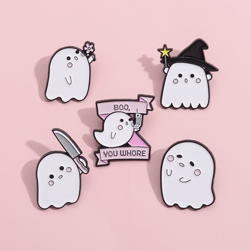 Halloween Cute Little Ghost Modeling Golden M Badge Creative Cute Brooch Accessories - 0 - Scribble Snacks