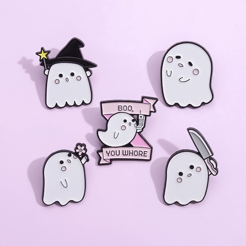 Halloween Cute Little Ghost Modeling Golden M Badge Creative Cute Brooch Accessories - 0 - Scribble Snacks