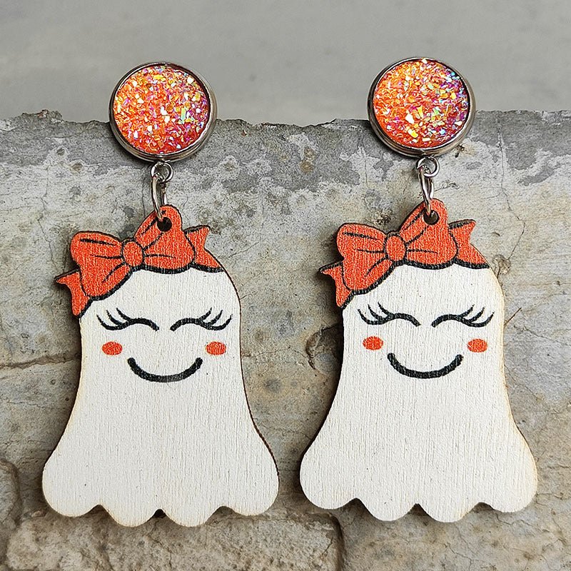 Halloween Cute Pumpkin Earrings Reading Ghost Bow - 0 - Scribble Snacks