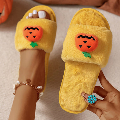 Halloween Cute Pumpkin Plush Slippers Home Indoor Open Toe Shoes Winter Warm Bedroom Slippers For Women - 4 - Scribble Snacks