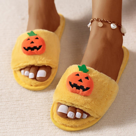 Halloween Cute Pumpkin Plush Slippers Home Indoor Open Toe Shoes Winter Warm Bedroom Slippers For Women - 4 - Scribble Snacks