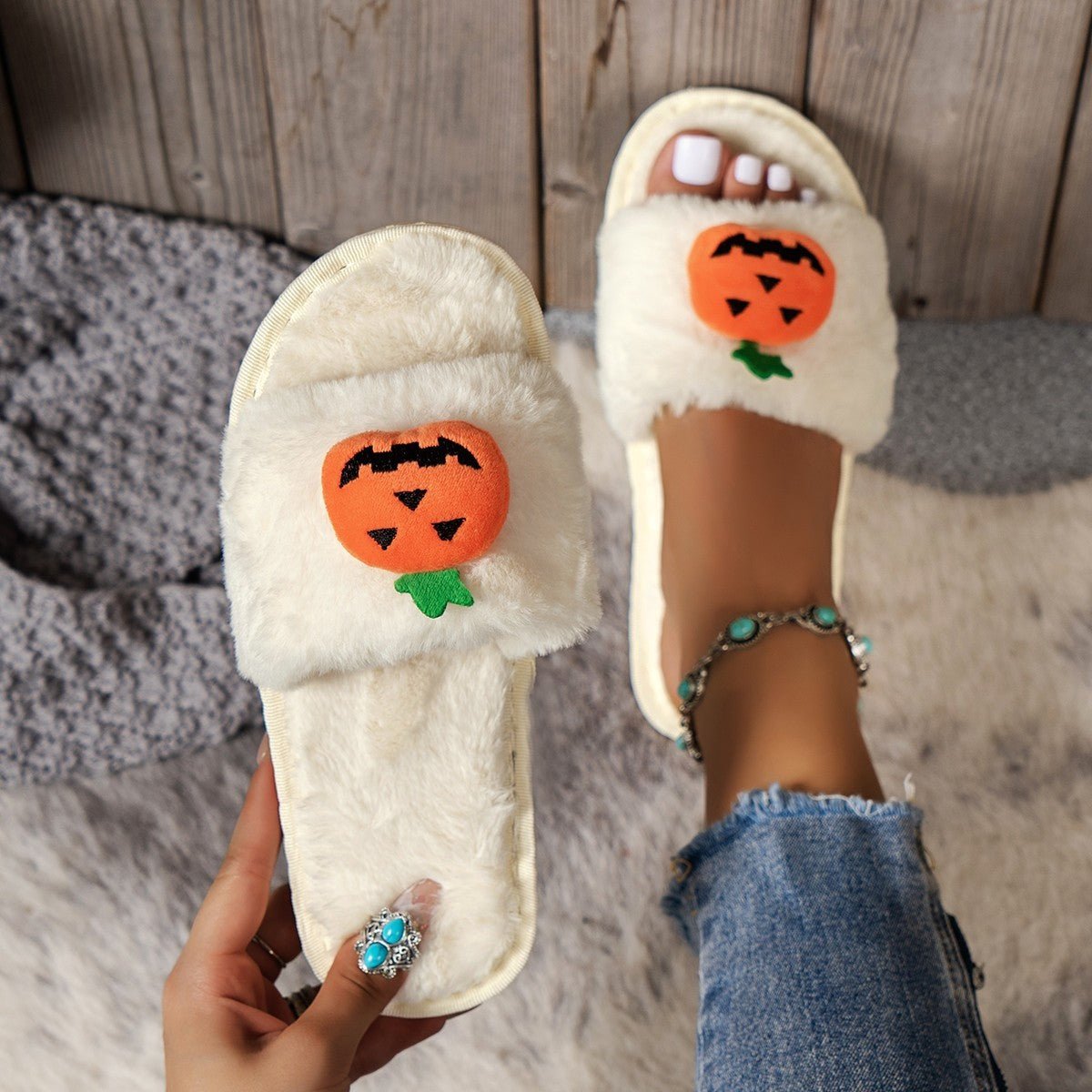 Halloween Cute Pumpkin Plush Slippers Home Indoor Open Toe Shoes Winter Warm Bedroom Slippers For Women - 4 - Scribble Snacks