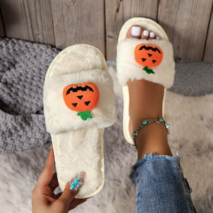 Halloween Cute Pumpkin Plush Slippers Home Indoor Open Toe Shoes Winter Warm Bedroom Slippers For Women - 4 - Scribble Snacks