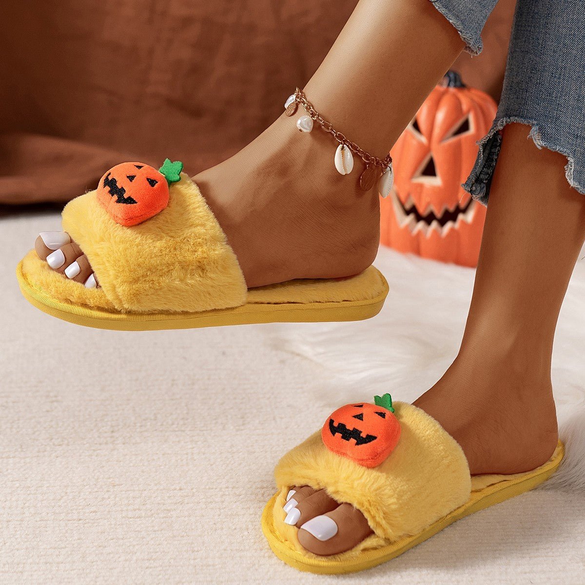 Halloween Cute Pumpkin Plush Slippers Home Indoor Open Toe Shoes Winter Warm Bedroom Slippers For Women - 4 - Scribble Snacks