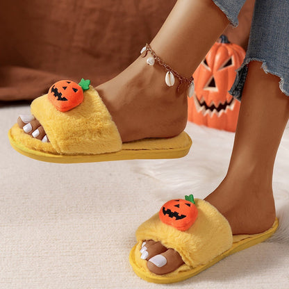 Halloween Cute Pumpkin Plush Slippers Home Indoor Open Toe Shoes Winter Warm Bedroom Slippers For Women - 4 - Scribble Snacks