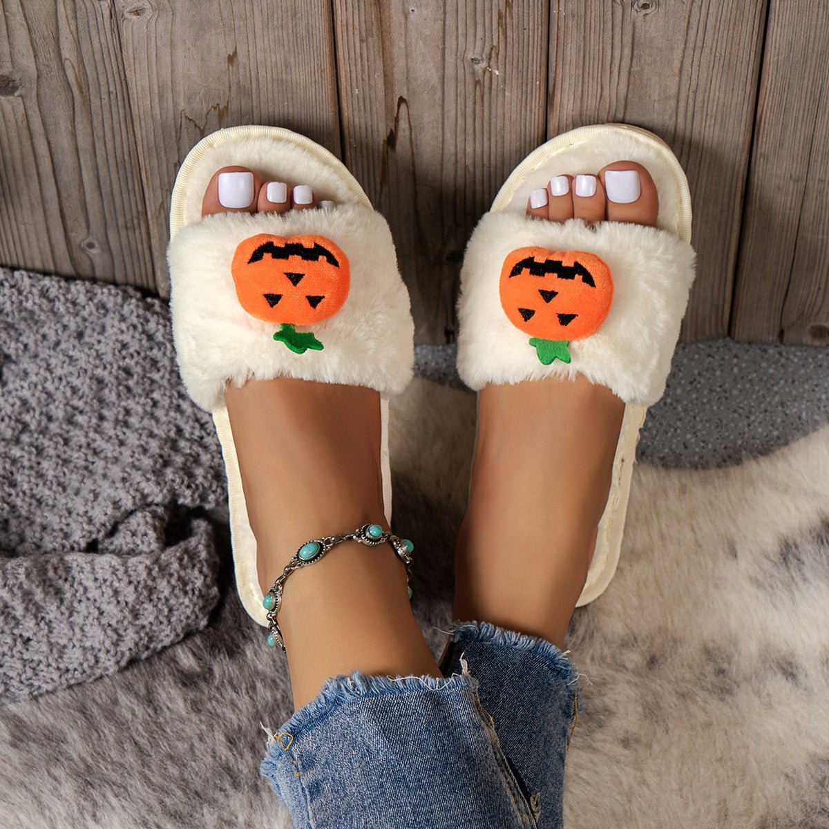 Halloween Cute Pumpkin Plush Slippers Home Indoor Open Toe Shoes Winter Warm Bedroom Slippers For Women - 4 - Scribble Snacks