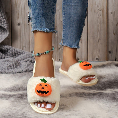 Halloween Cute Pumpkin Plush Slippers Home Indoor Open Toe Shoes Winter Warm Bedroom Slippers For Women - 4 - Scribble Snacks