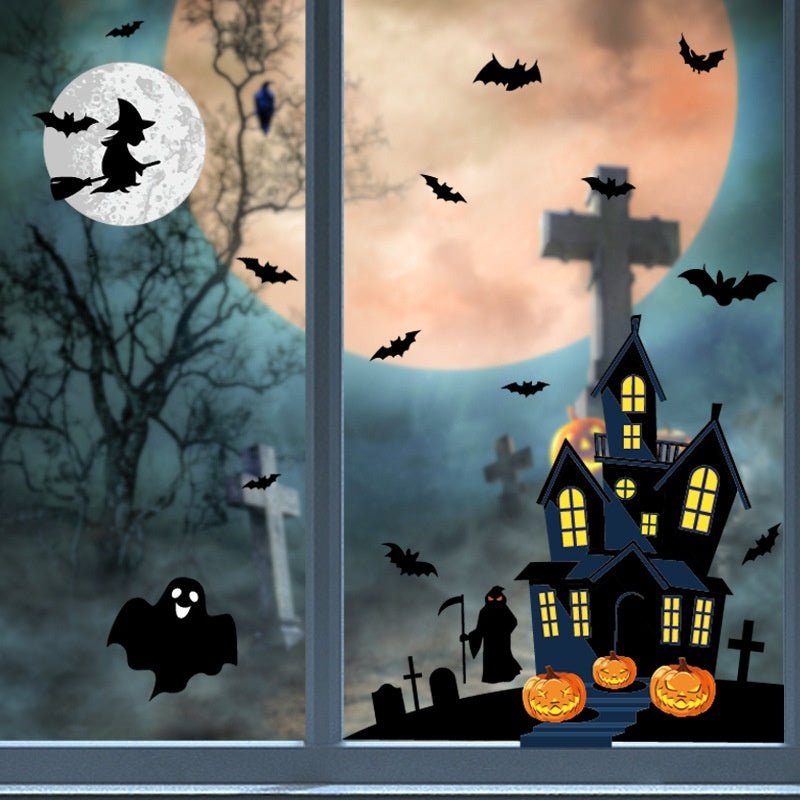 Halloween Decoration Haunted House Sticker Witch Ghost Bat Window Stickers - 0 - Scribble Snacks