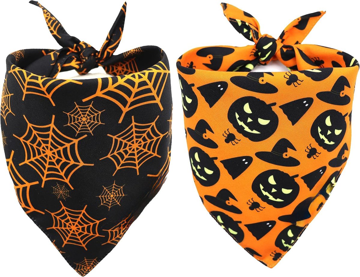 Halloween Dog Bandanas Pumpkin And Spider Web Bibs Triangle Reversible Fall Pet Scarf Premium Durable Fabric Adjustable Fit - 4 - Scribble Snacks