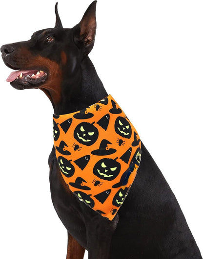 Halloween Dog Bandanas Pumpkin And Spider Web Bibs Triangle Reversible Fall Pet Scarf Premium Durable Fabric Adjustable Fit - 4 - Scribble Snacks