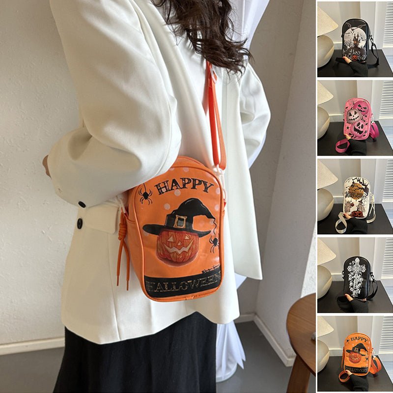 Halloween Graffiti Phone Bag Girls Funny Cartoon Pumpkin Ghost Bat Print Crossbody Bag For Women Mini Personality Creative Shoulder Bags - 4 - Scribble Snacks