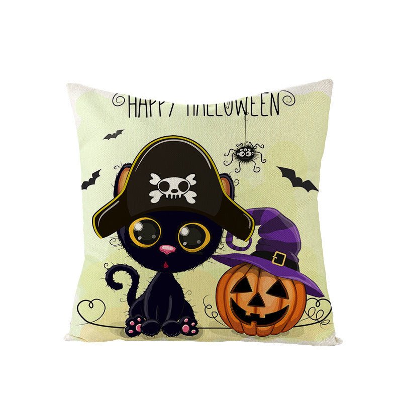 Halloween Linen Cute Cartoon Printed Kitten Pumpkin Head Pillow Cover - 0 - Scribble Snacks