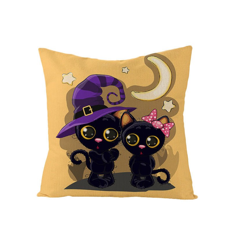 Halloween Linen Cute Cartoon Printed Kitten Pumpkin Head Pillow Cover - 0 - Scribble Snacks