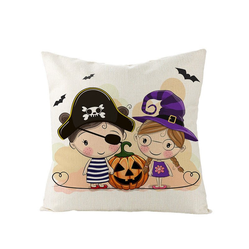 Halloween Linen Cute Cartoon Printed Kitten Pumpkin Head Pillow Cover - 0 - Scribble Snacks