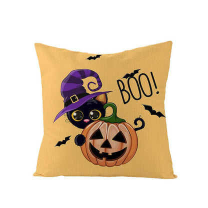 Halloween Linen Cute Cartoon Printed Kitten Pumpkin Head Pillow Cover - 0 - Scribble Snacks