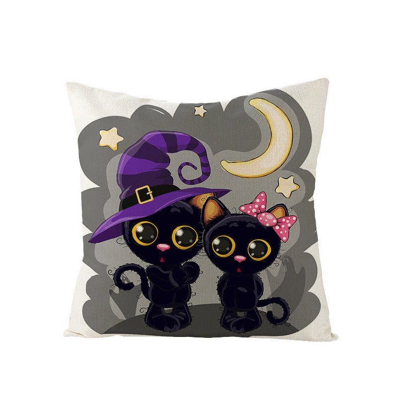 Halloween Linen Cute Cartoon Printed Kitten Pumpkin Head Pillow Cover - 0 - Scribble Snacks