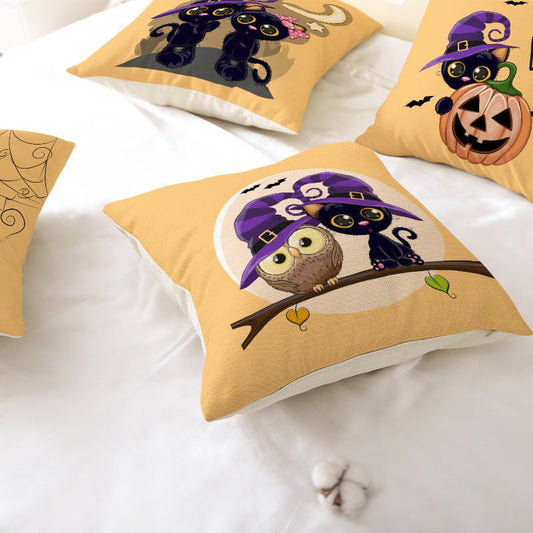 Halloween Linen Cute Cartoon Printed Kitten Pumpkin Head Pillow Cover - 0 - Scribble Snacks