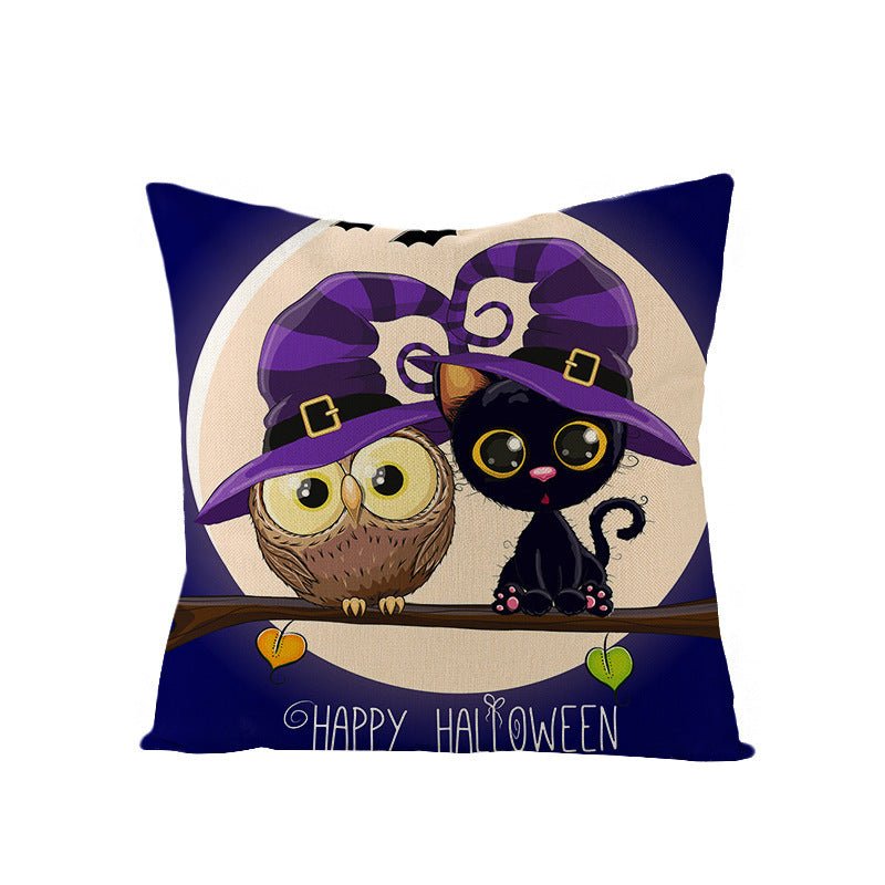 Halloween Linen Cute Cartoon Printed Kitten Pumpkin Head Pillow Cover - 0 - Scribble Snacks