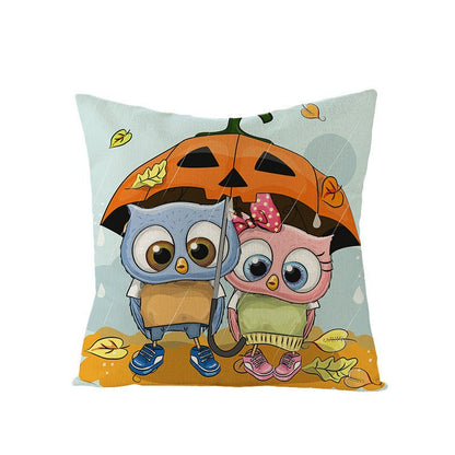 Halloween Linen Cute Cartoon Printed Kitten Pumpkin Head Pillow Cover - 0 - Scribble Snacks