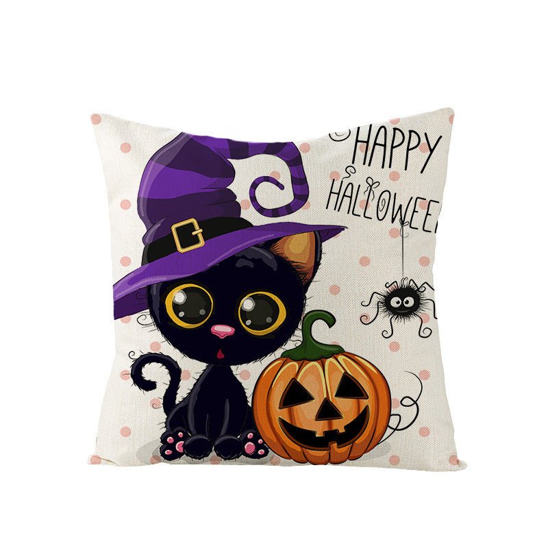 Halloween Linen Cute Cartoon Printed Kitten Pumpkin Head Pillow Cover - 0 - Scribble Snacks