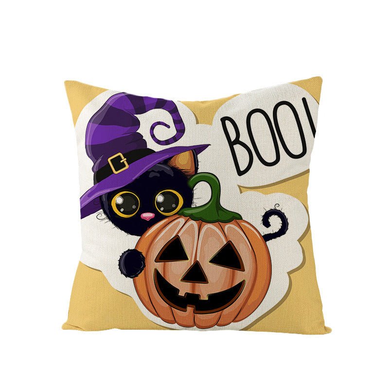 Halloween Linen Cute Cartoon Printed Kitten Pumpkin Head Pillow Cover - 0 - Scribble Snacks