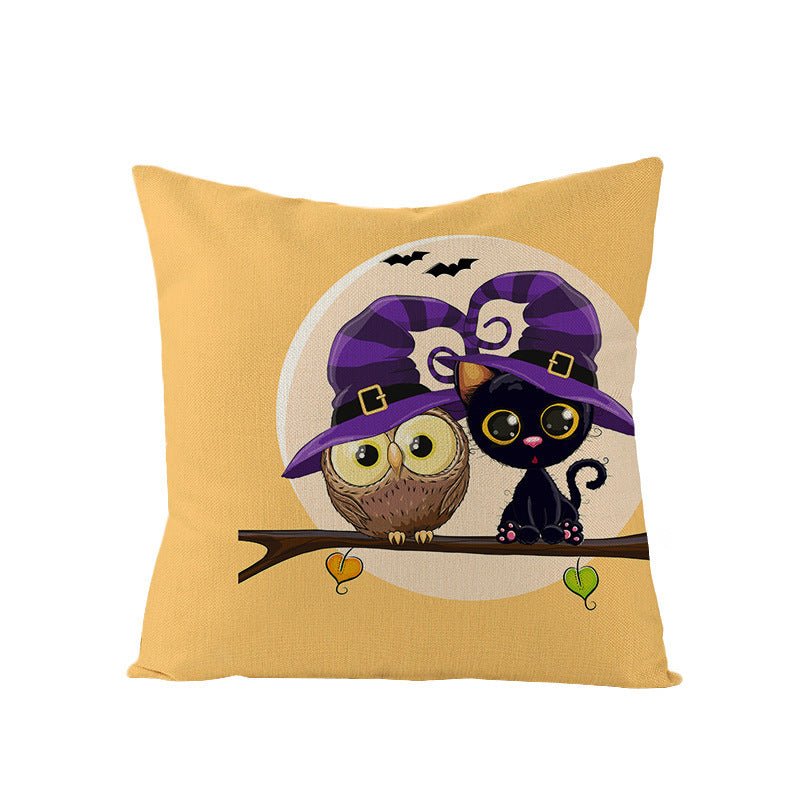 Halloween Linen Cute Cartoon Printed Kitten Pumpkin Head Pillow Cover - 0 - Scribble Snacks