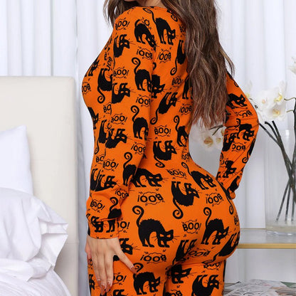 Halloween Printed Jumpsuit Long Sleeve Home Pajamas Casual Trousers Women's Cos Clothing - 4 - Scribble Snacks