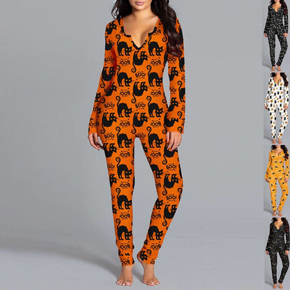 Halloween Printed Jumpsuit Long Sleeve Home Pajamas Casual Trousers Women's Cos Clothing - 4 - Scribble Snacks