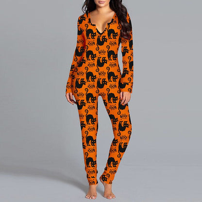 Halloween Printed Jumpsuit Long Sleeve Home Pajamas Casual Trousers Women's Cos Clothing - 4 - Scribble Snacks