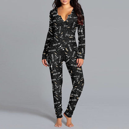 Halloween Printed Jumpsuit Long Sleeve Home Pajamas Casual Trousers Women's Cos Clothing - 4 - Scribble Snacks